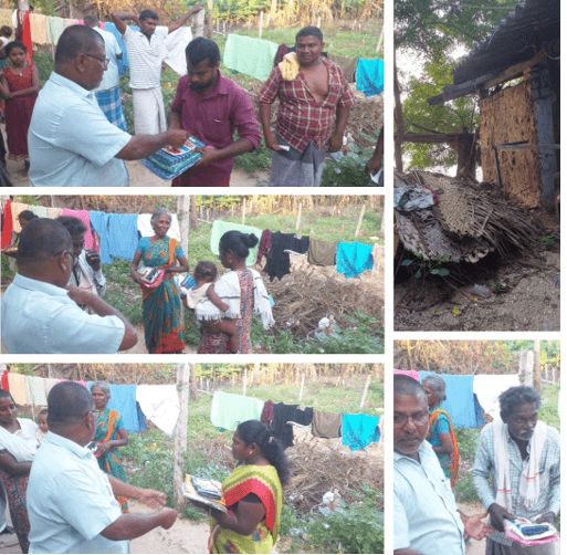 On the occasion of Kannum Pongal, Sarees, Lungis, and nighties were provided as per their request, as they have not received any relief so far